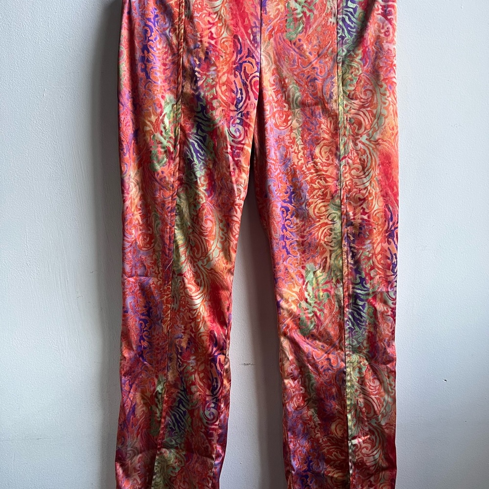 Colorful flare pants with splits.